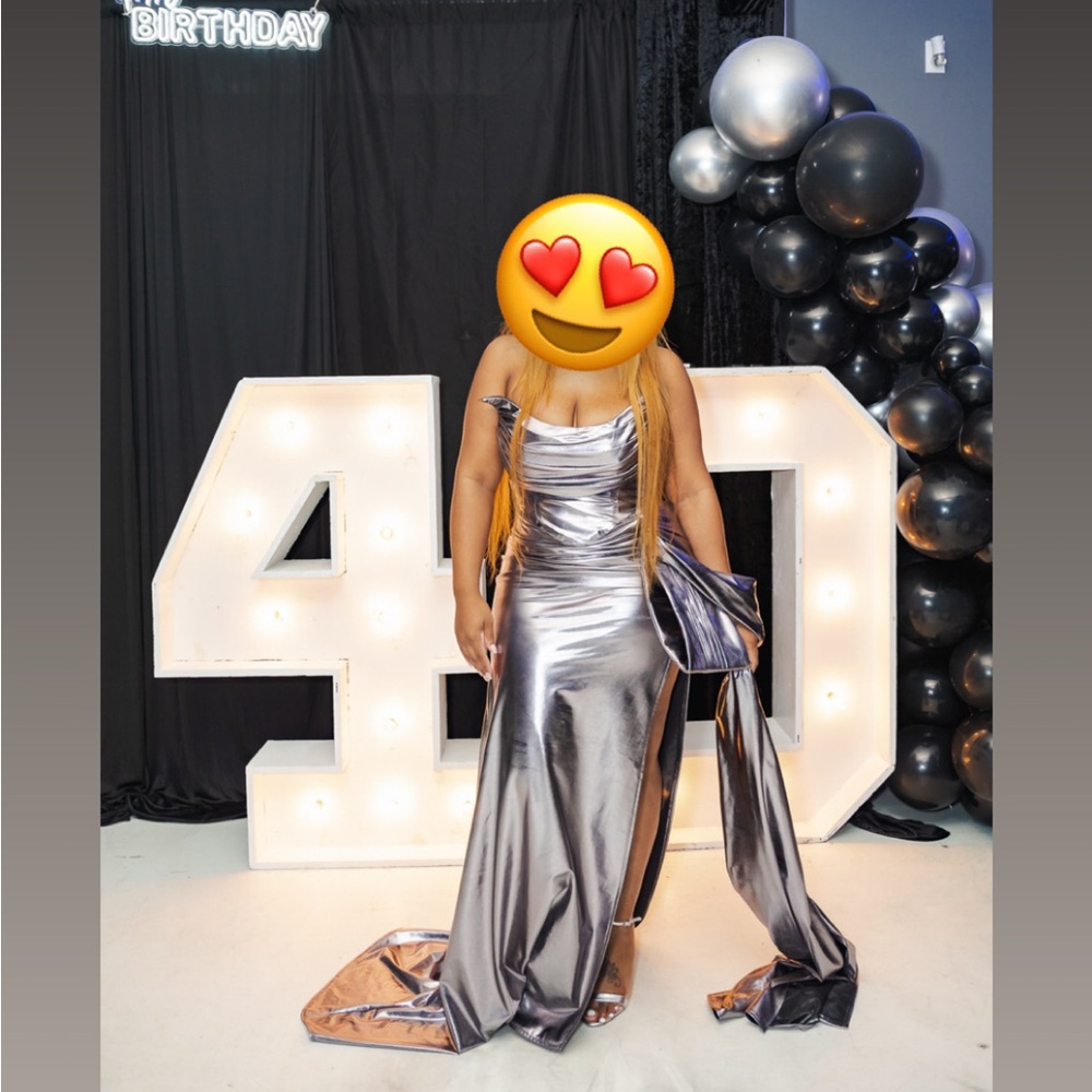 Silver Metallic Strapless Evening Gown